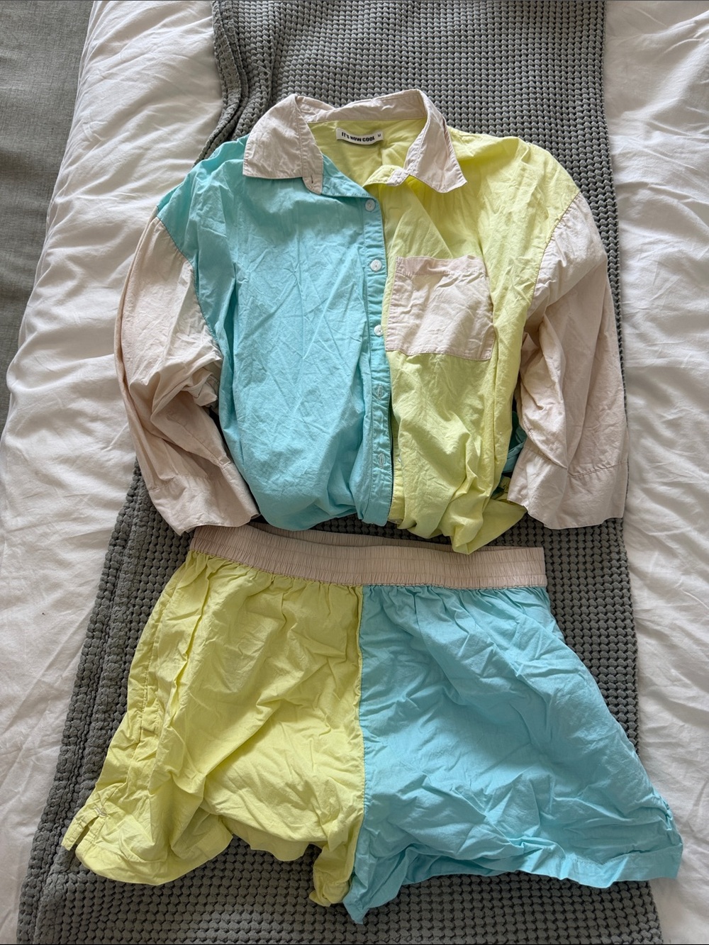 Colorblock Button-Up Shirt in Pastel Yellow & Blue with Matching Shorts